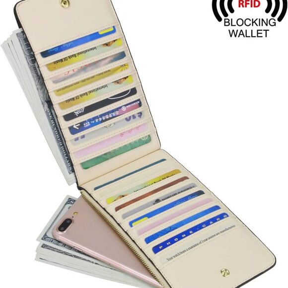 Women's RFID Blocking Genuine Leather Multi Card Organizer Wallet with Zipper Po - Picture 2 of 7